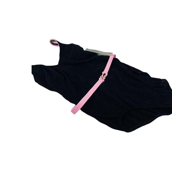 Vintage Jantzen One Piece Swimsuit Solid Black Pink Belted Sz 12 70’s 80’s - Picture 1 of 11